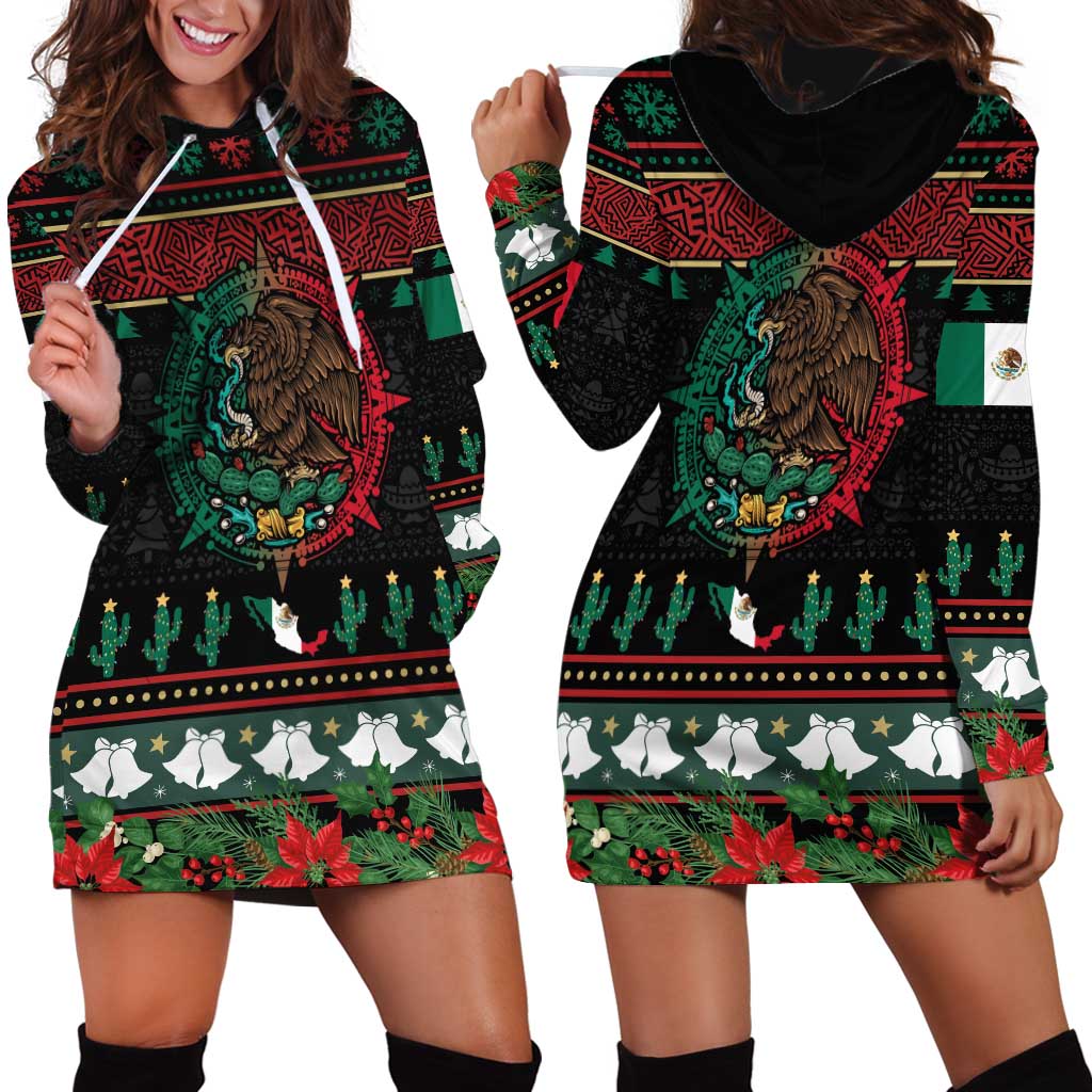 Mexican Christmas Hoodie Dress Feliz Navidad Aztec Eagle Emblem and Poinsettia - Wonder Print Shop