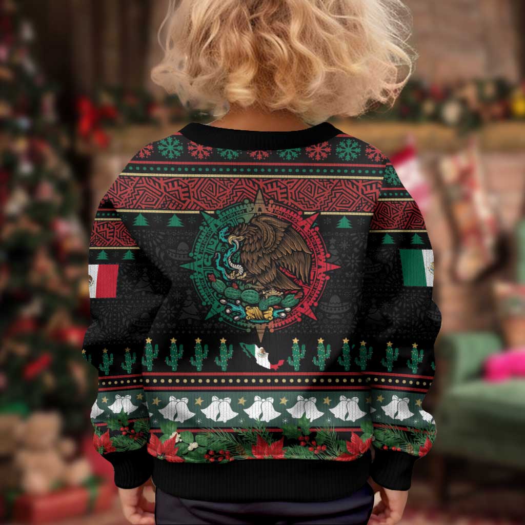 Mexican Christmas Kid Ugly Christmas Sweater Feliz Navidad Aztec Eagle Emblem and Poinsettia - Wonder Print Shop