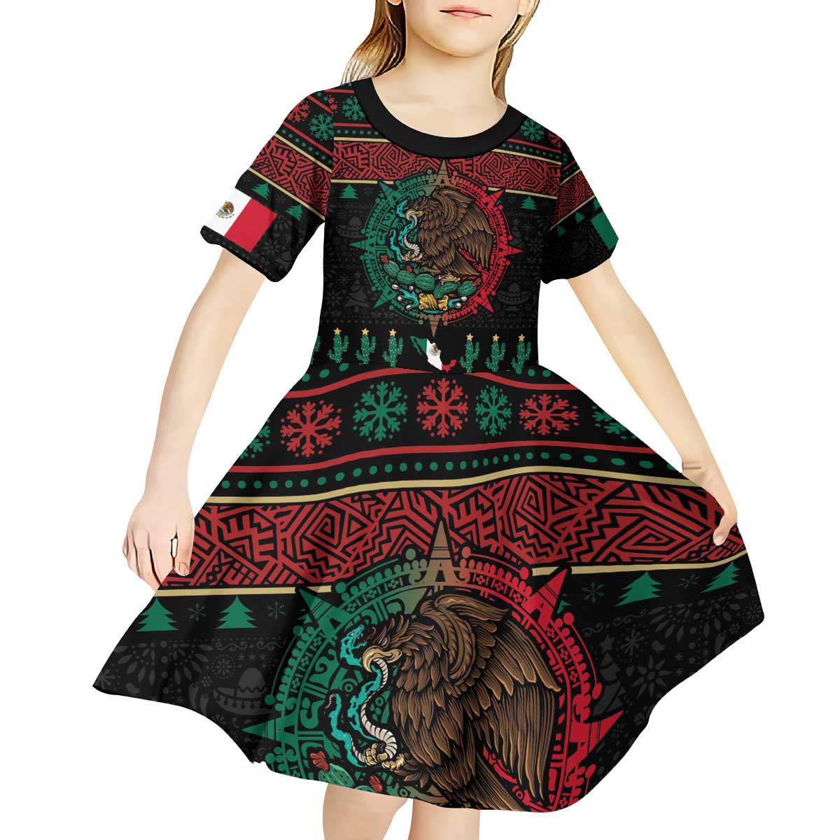 Mexican Christmas Kid Short Sleeve Dress Feliz Navidad Aztec Eagle Emblem and Poinsettia - Wonder Print Shop