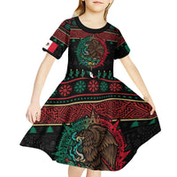 Mexican Christmas Kid Short Sleeve Dress Feliz Navidad Aztec Eagle Emblem and Poinsettia - Wonder Print Shop