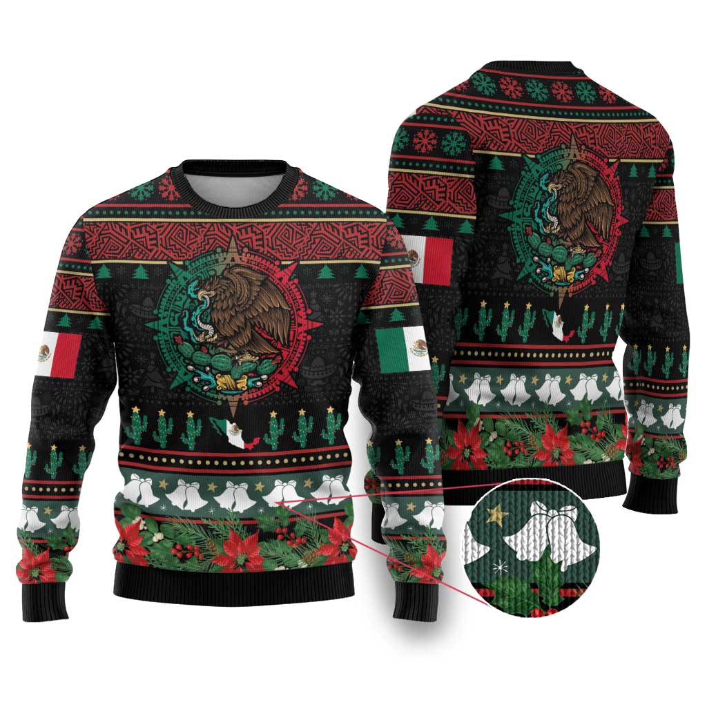 Mexican Christmas Ugly Christmas Sweater Feliz Navidad Aztec Eagle Emblem and Poinsettia - Wonder Print Shop