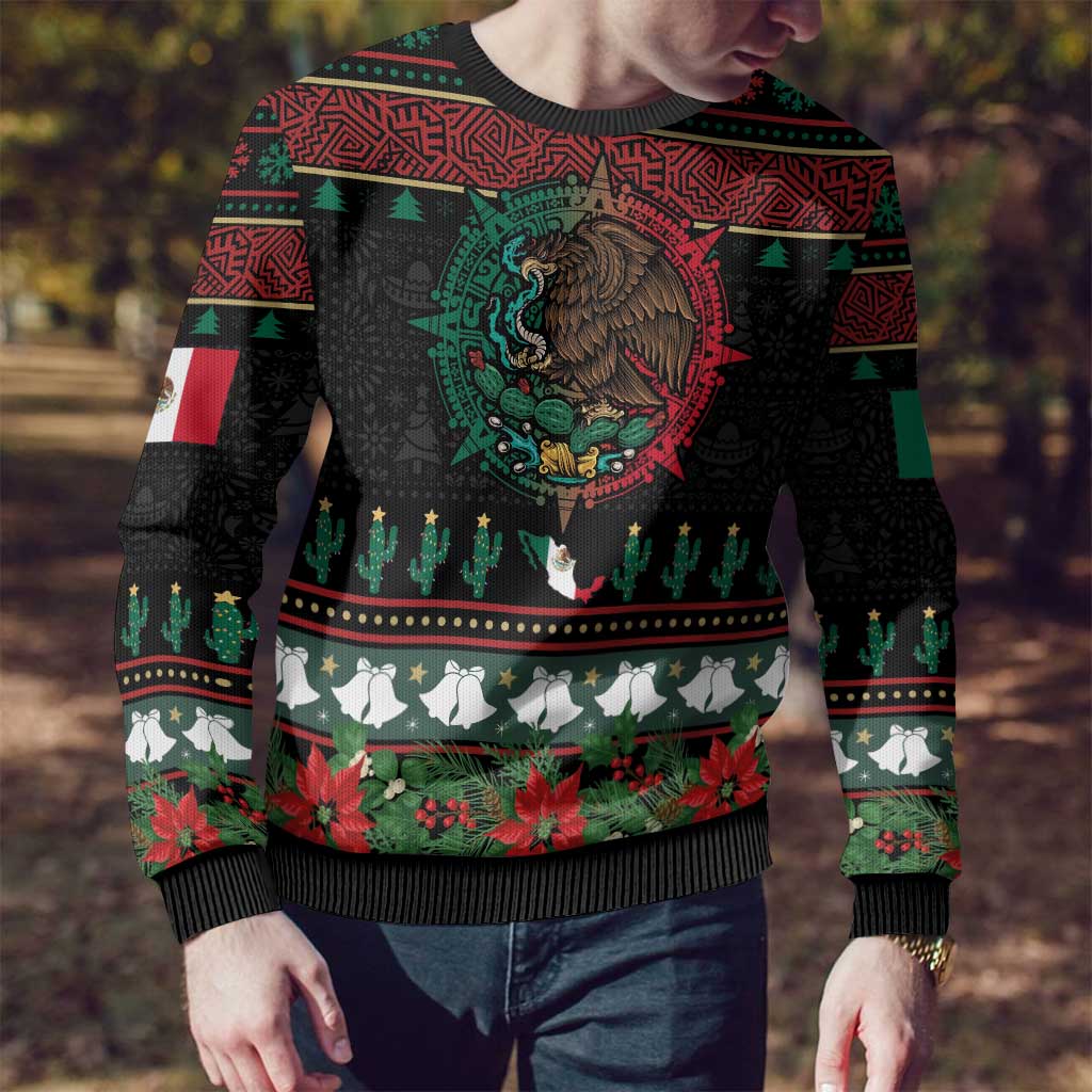 Mexican Christmas Ugly Christmas Sweater Feliz Navidad Aztec Eagle Emblem and Poinsettia - Wonder Print Shop