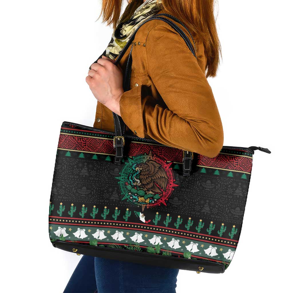 Mexican Christmas Leather Tote Bag Feliz Navidad Aztec Eagle Emblem and Poinsettia - Wonder Print Shop