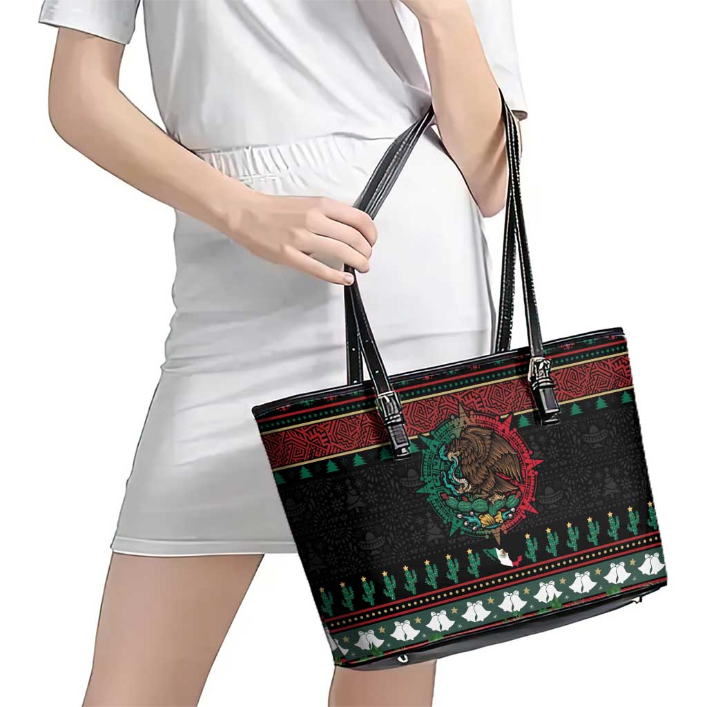 Mexican Christmas Leather Tote Bag Feliz Navidad Aztec Eagle Emblem and Poinsettia - Wonder Print Shop