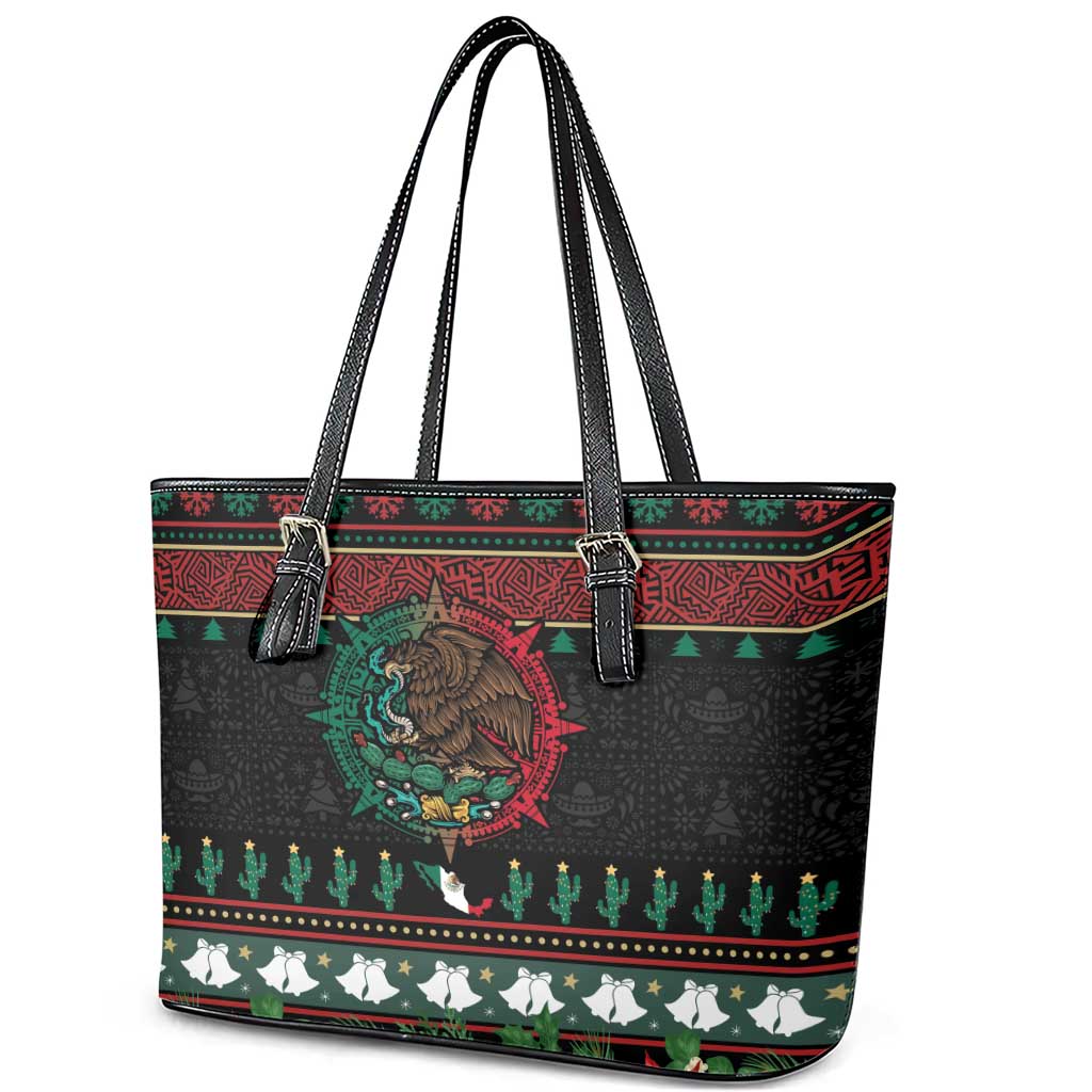 Mexican Christmas Leather Tote Bag Feliz Navidad Aztec Eagle Emblem and Poinsettia - Wonder Print Shop