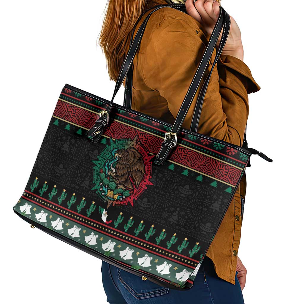 Mexican Christmas Leather Tote Bag Feliz Navidad Aztec Eagle Emblem and Poinsettia - Wonder Print Shop