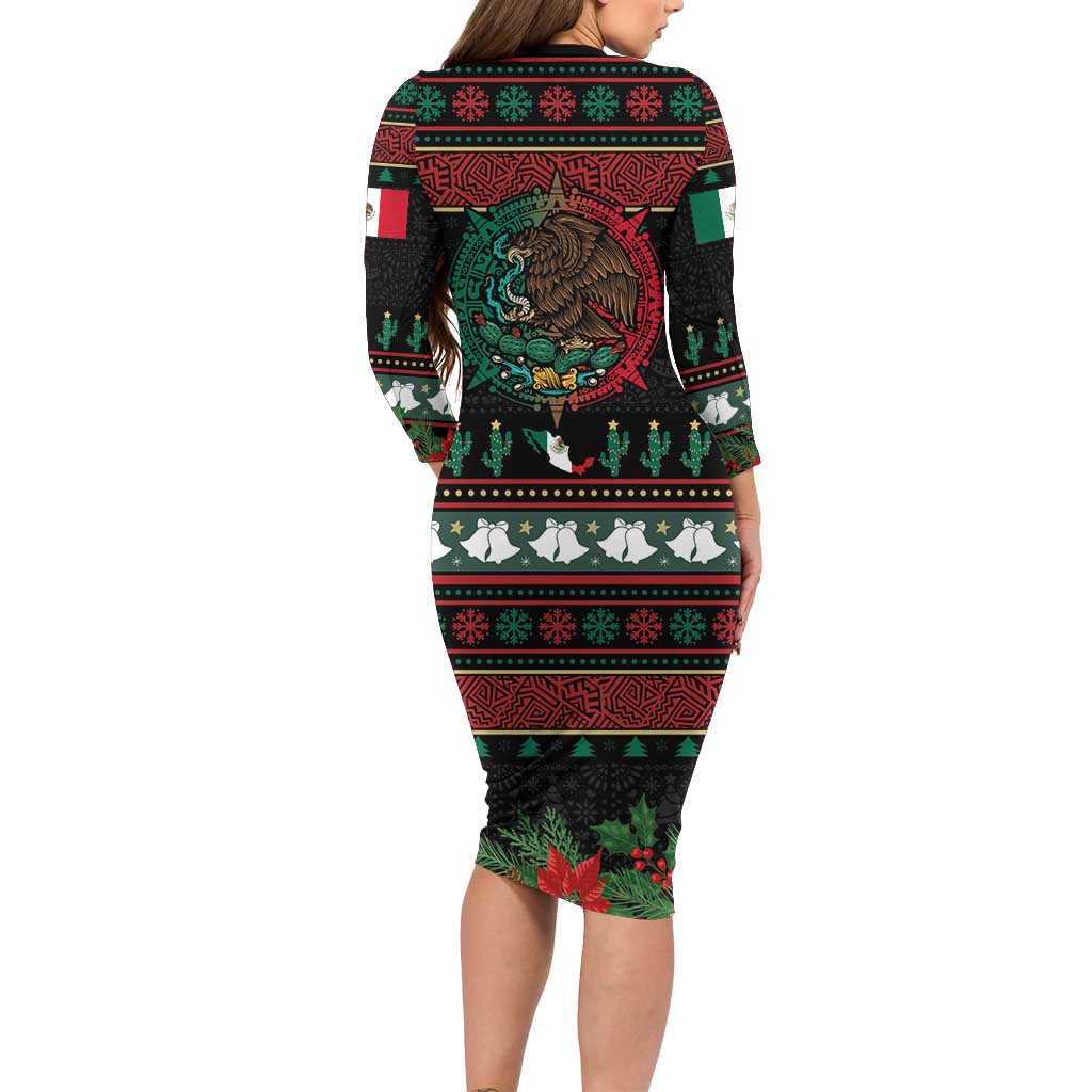 Mexican Christmas Long Sleeve Bodycon Dress Feliz Navidad Aztec Eagle Emblem and Poinsettia - Wonder Print Shop
