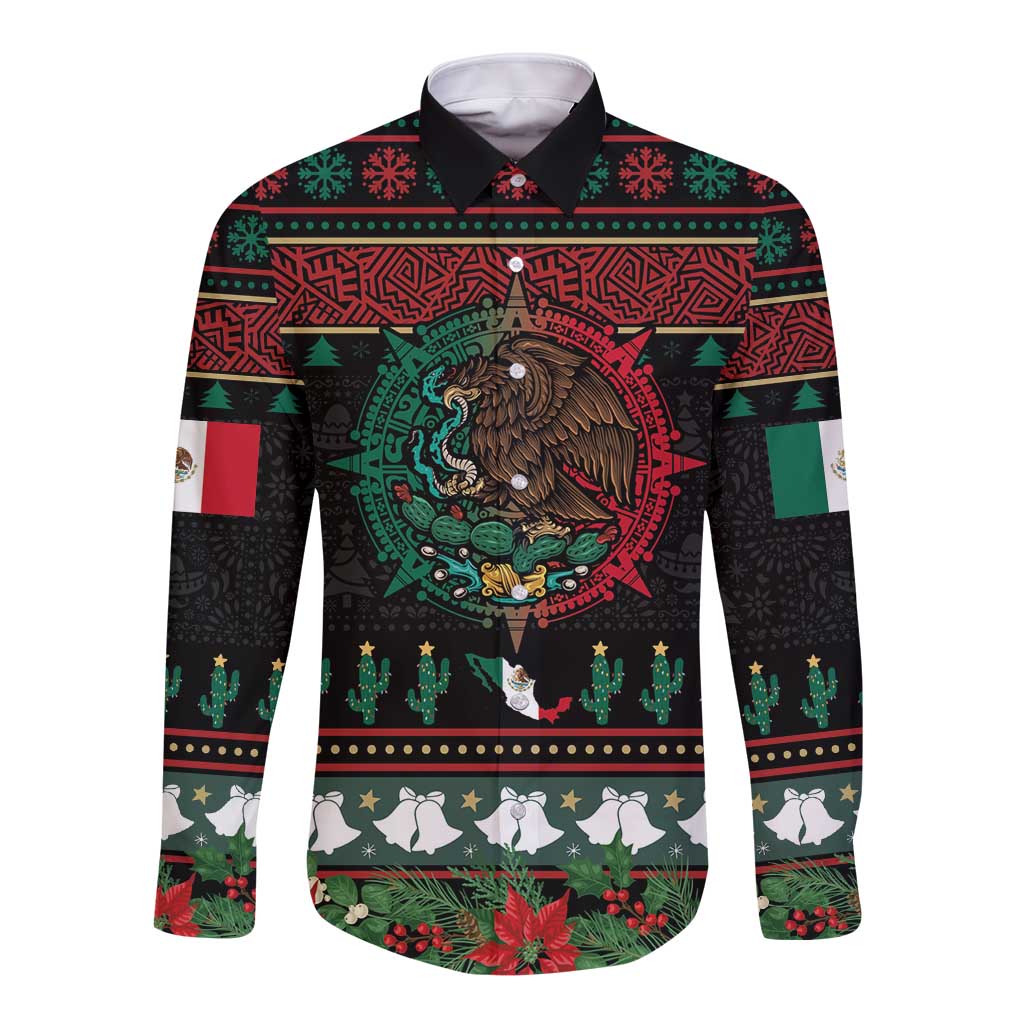 Mexican Christmas Long Sleeve Button Shirt Feliz Navidad Aztec Eagle Emblem and Poinsettia - Wonder Print Shop