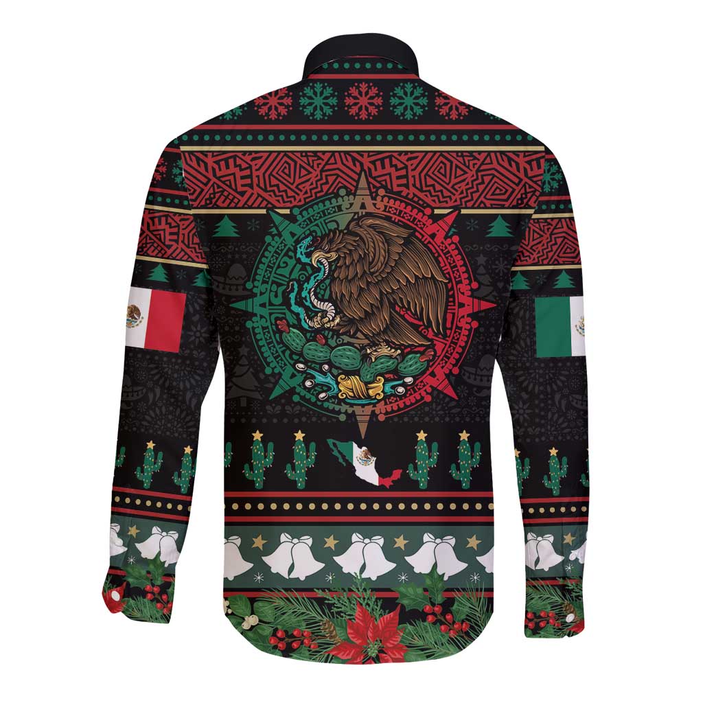 Mexican Christmas Long Sleeve Button Shirt Feliz Navidad Aztec Eagle Emblem and Poinsettia - Wonder Print Shop