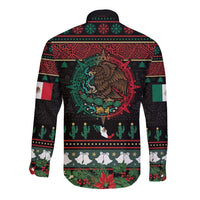 Mexican Christmas Long Sleeve Button Shirt Feliz Navidad Aztec Eagle Emblem and Poinsettia - Wonder Print Shop