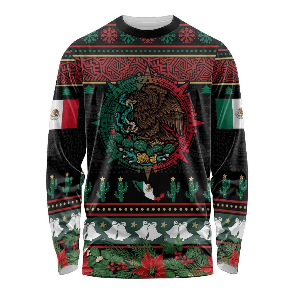 Mexican Christmas Long Sleeve Shirt Feliz Navidad Aztec Eagle Emblem and Poinsettia - Wonder Print Shop