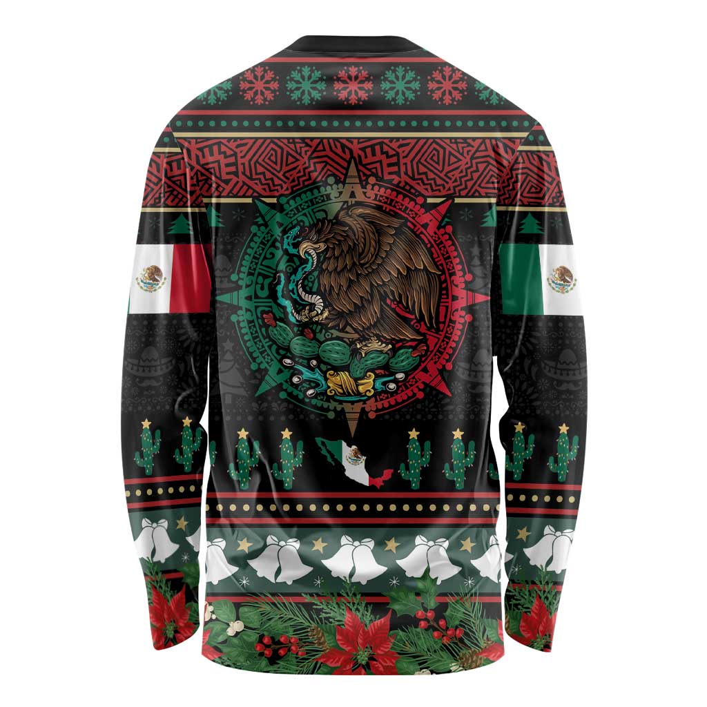 Mexican Christmas Long Sleeve Shirt Feliz Navidad Aztec Eagle Emblem and Poinsettia - Wonder Print Shop