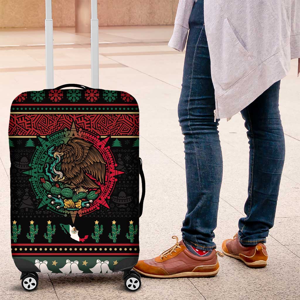 Mexican Christmas Luggage Cover Feliz Navidad Aztec Eagle Emblem and Poinsettia - Wonder Print Shop