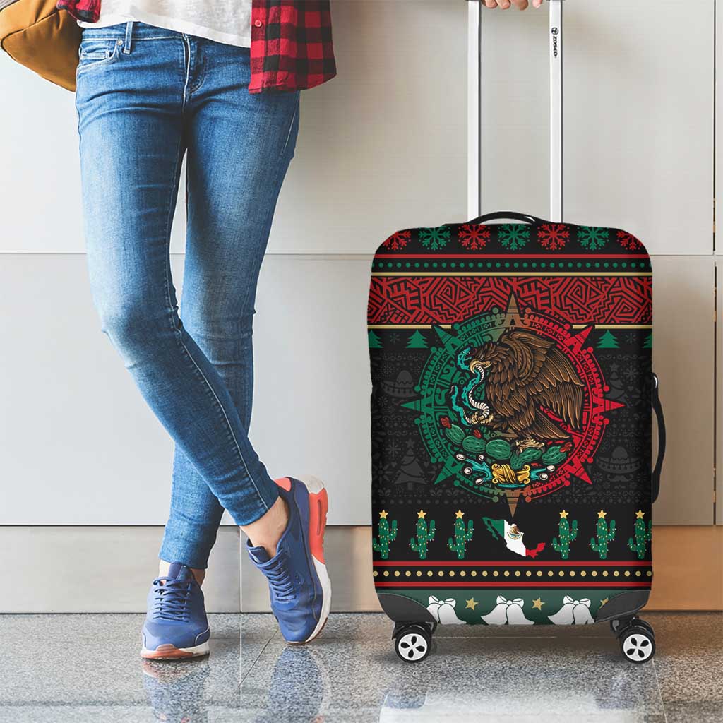 Mexican Christmas Luggage Cover Feliz Navidad Aztec Eagle Emblem and Poinsettia - Wonder Print Shop