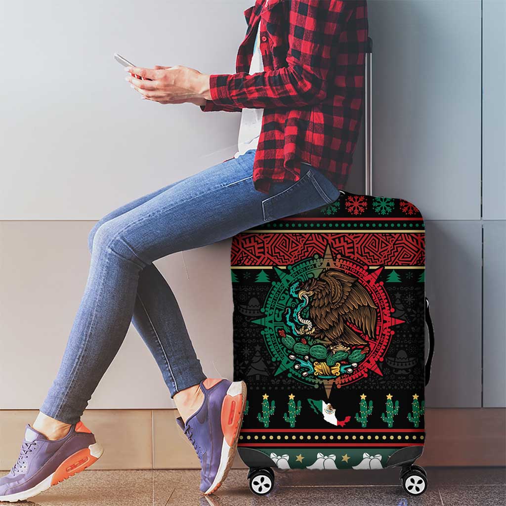 Mexican Christmas Luggage Cover Feliz Navidad Aztec Eagle Emblem and Poinsettia - Wonder Print Shop