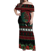 Mexican Christmas Off Shoulder Maxi Dress Feliz Navidad Aztec Eagle Emblem and Poinsettia - Wonder Print Shop