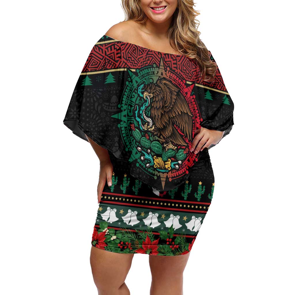 Mexican Christmas Off Shoulder Short Dress Feliz Navidad Aztec Eagle Emblem and Poinsettia - Wonder Print Shop