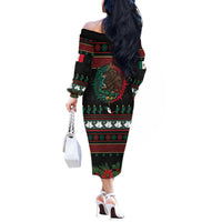 Mexican Christmas Off The Shoulder Long Sleeve Dress Feliz Navidad Aztec Eagle Emblem and Poinsettia - Wonder Print Shop