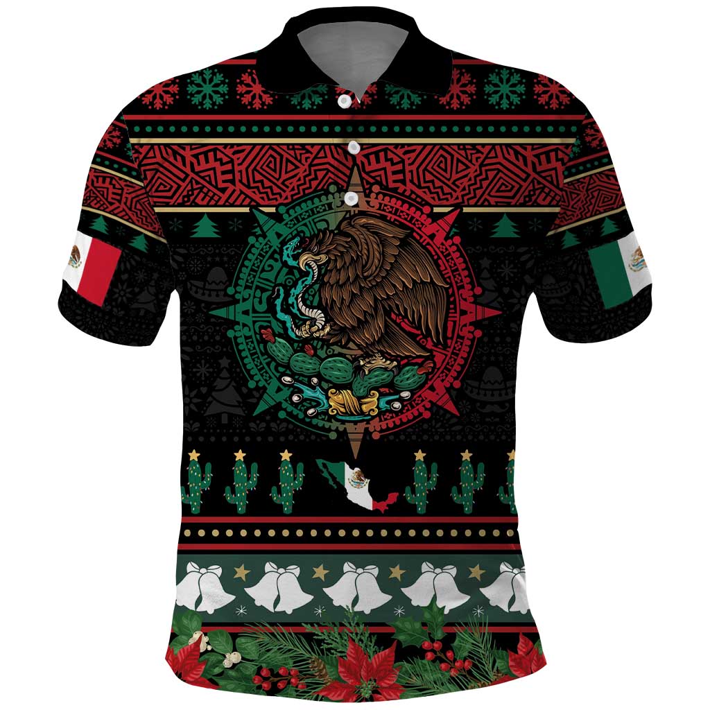 Mexican Christmas Polo Shirt Feliz Navidad Aztec Eagle Emblem and Poinsettia - Wonder Print Shop