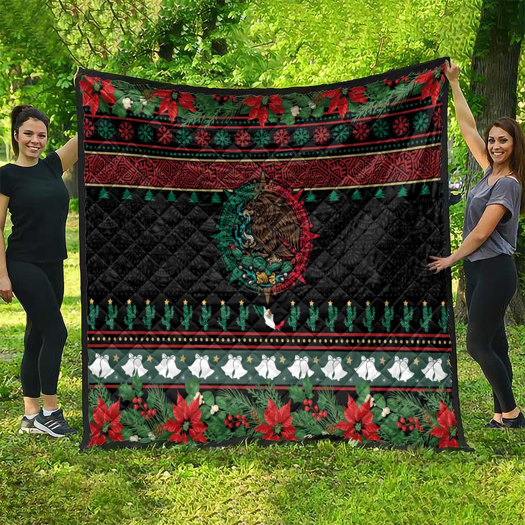 Mexican Christmas Quilt Feliz Navidad Aztec Eagle Emblem and Poinsettia - Wonder Print Shop