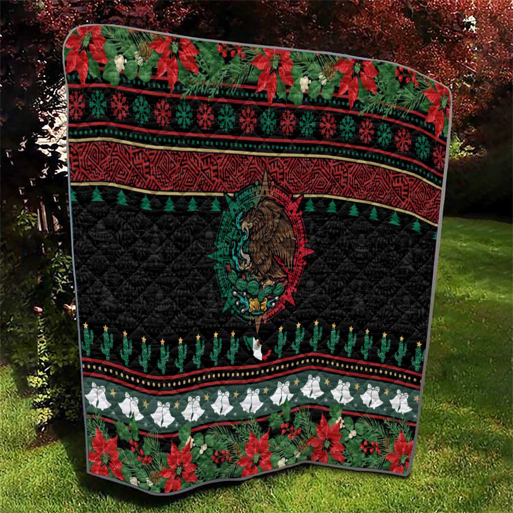 Mexican Christmas Quilt Feliz Navidad Aztec Eagle Emblem and Poinsettia - Wonder Print Shop