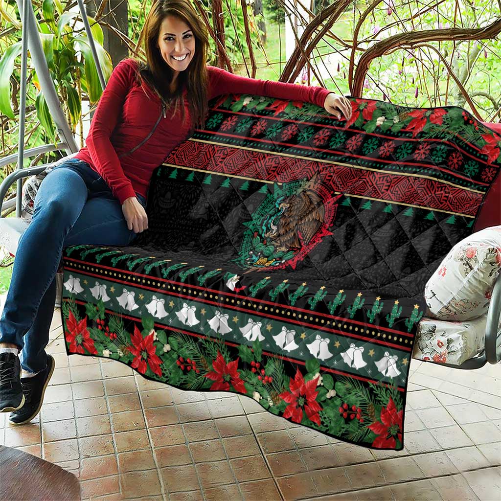 Mexican Christmas Quilt Feliz Navidad Aztec Eagle Emblem and Poinsettia - Wonder Print Shop
