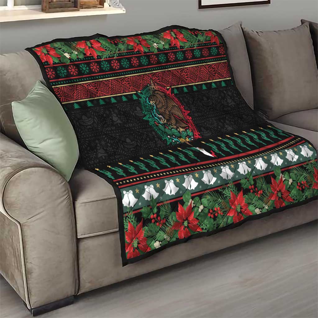 Mexican Christmas Quilt Feliz Navidad Aztec Eagle Emblem and Poinsettia - Wonder Print Shop