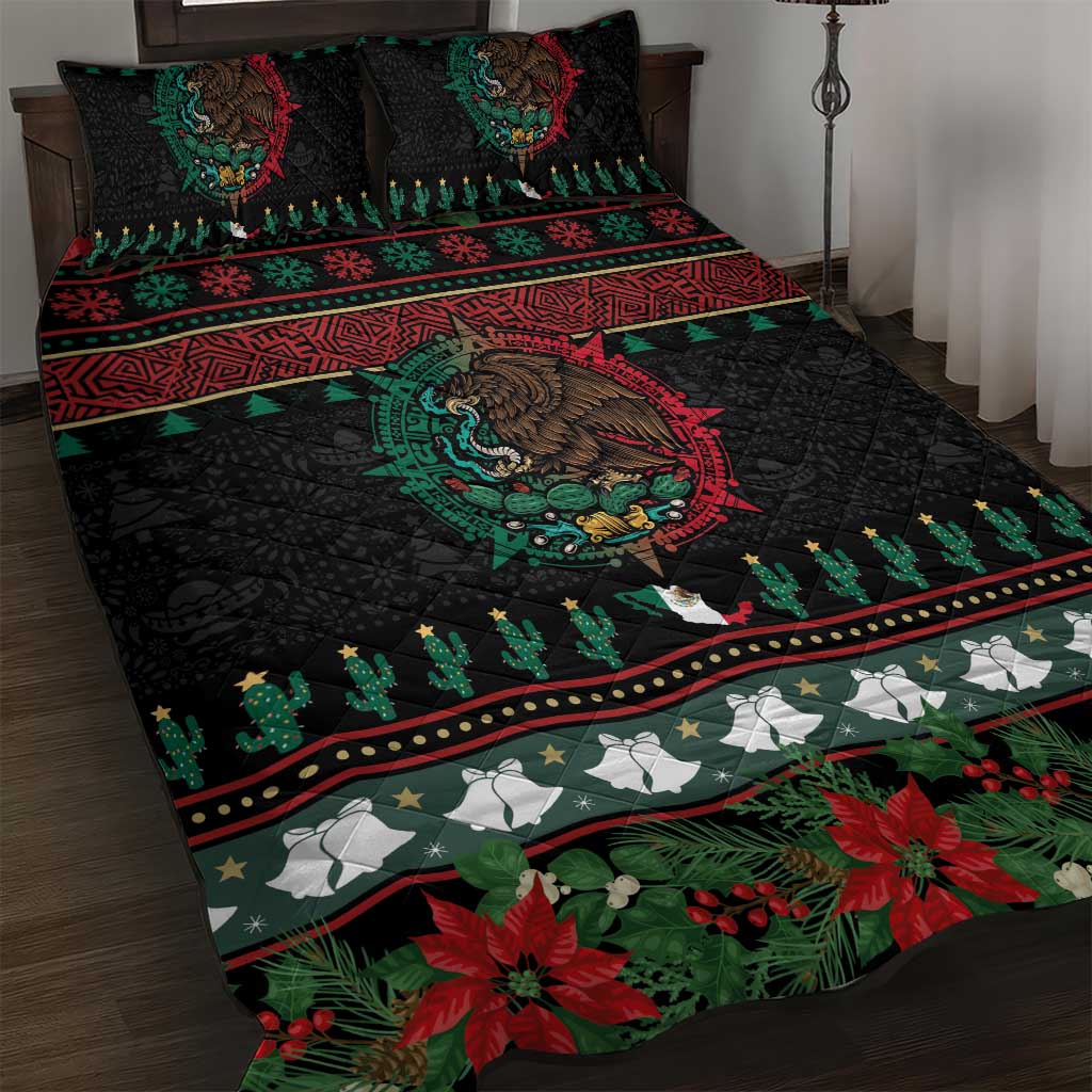 Mexican Christmas Quilt Bed Set Feliz Navidad Aztec Eagle Emblem and Poinsettia - Wonder Print Shop