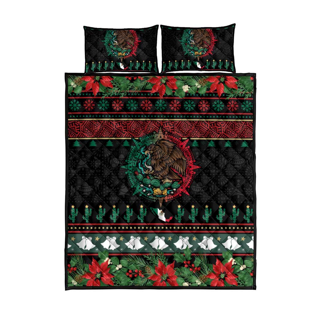 Mexican Christmas Quilt Bed Set Feliz Navidad Aztec Eagle Emblem and Poinsettia - Wonder Print Shop