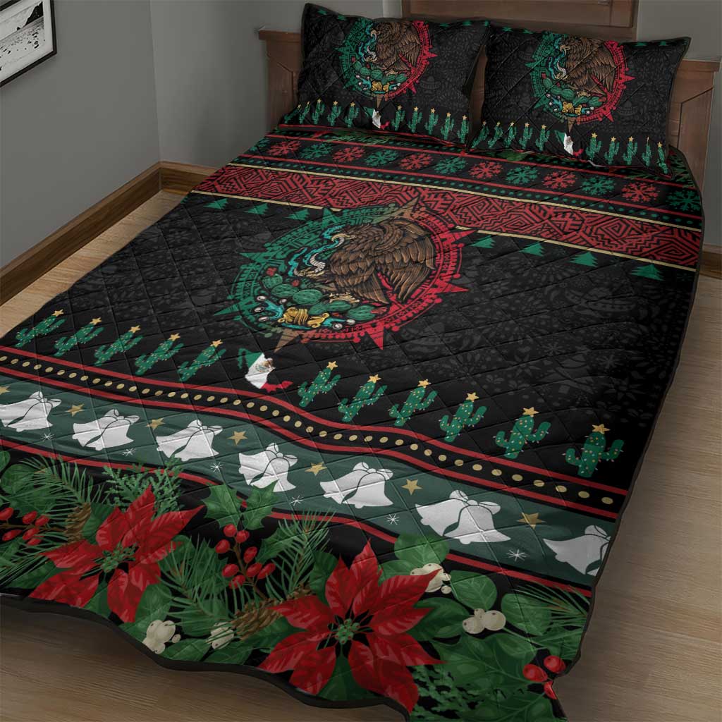 Mexican Christmas Quilt Bed Set Feliz Navidad Aztec Eagle Emblem and Poinsettia - Wonder Print Shop