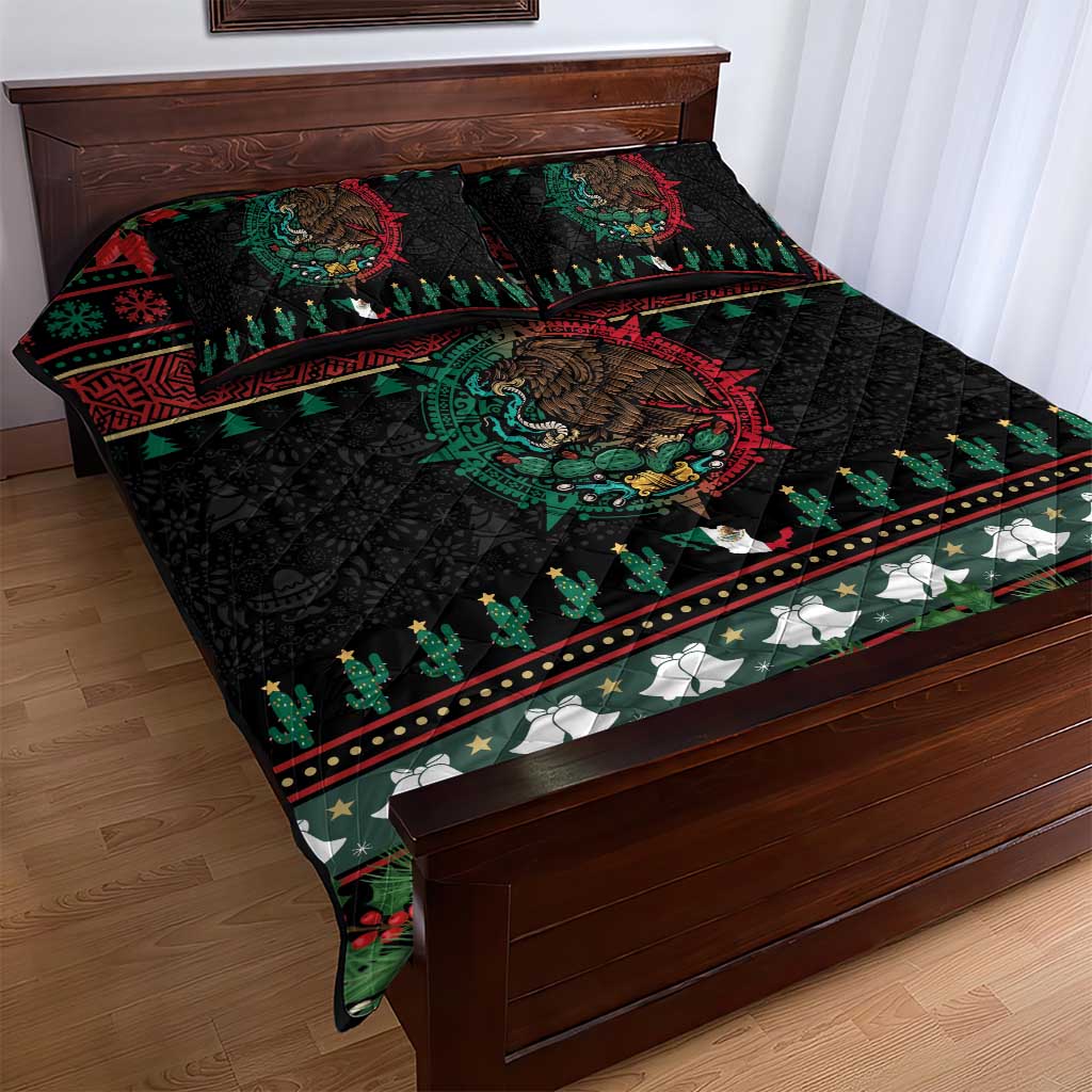 Mexican Christmas Quilt Bed Set Feliz Navidad Aztec Eagle Emblem and Poinsettia - Wonder Print Shop