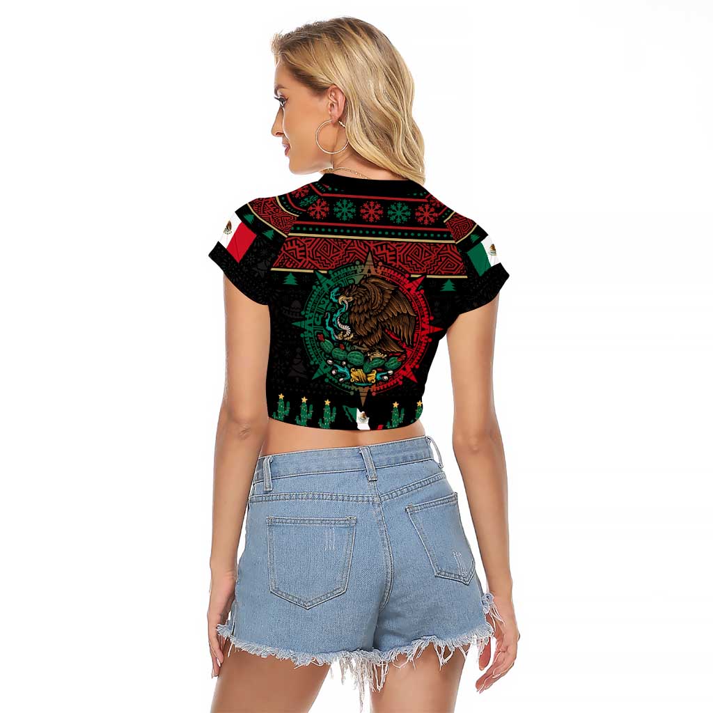Mexican Christmas Raglan Cropped T Shirt Feliz Navidad Aztec Eagle Emblem and Poinsettia - Wonder Print Shop