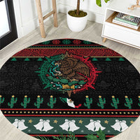 Mexican Christmas Round Carpet Feliz Navidad Aztec Eagle Emblem and Poinsettia