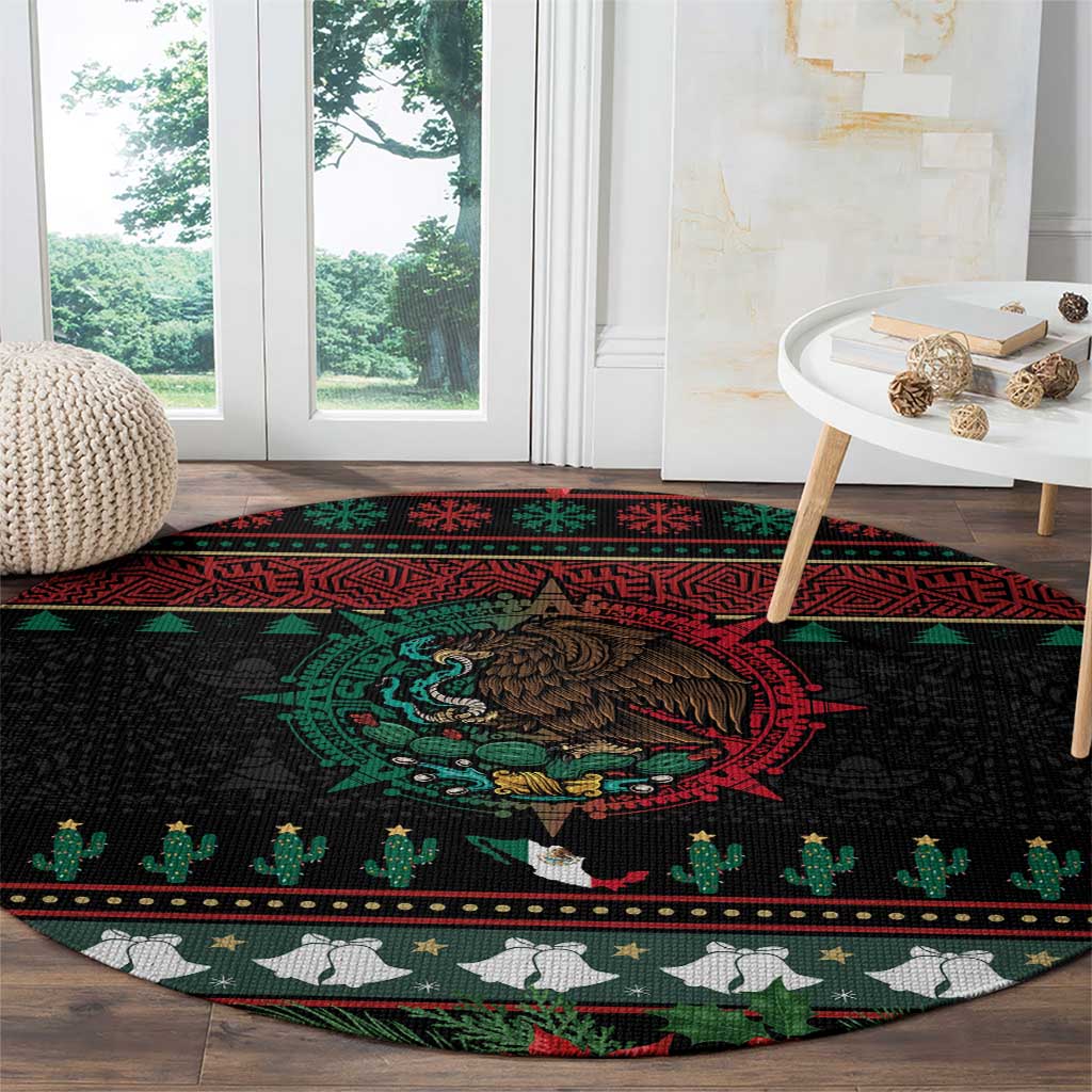 Mexican Christmas Round Carpet Feliz Navidad Aztec Eagle Emblem and Poinsettia