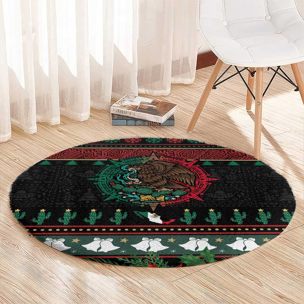 Mexican Christmas Round Carpet Feliz Navidad Aztec Eagle Emblem and Poinsettia