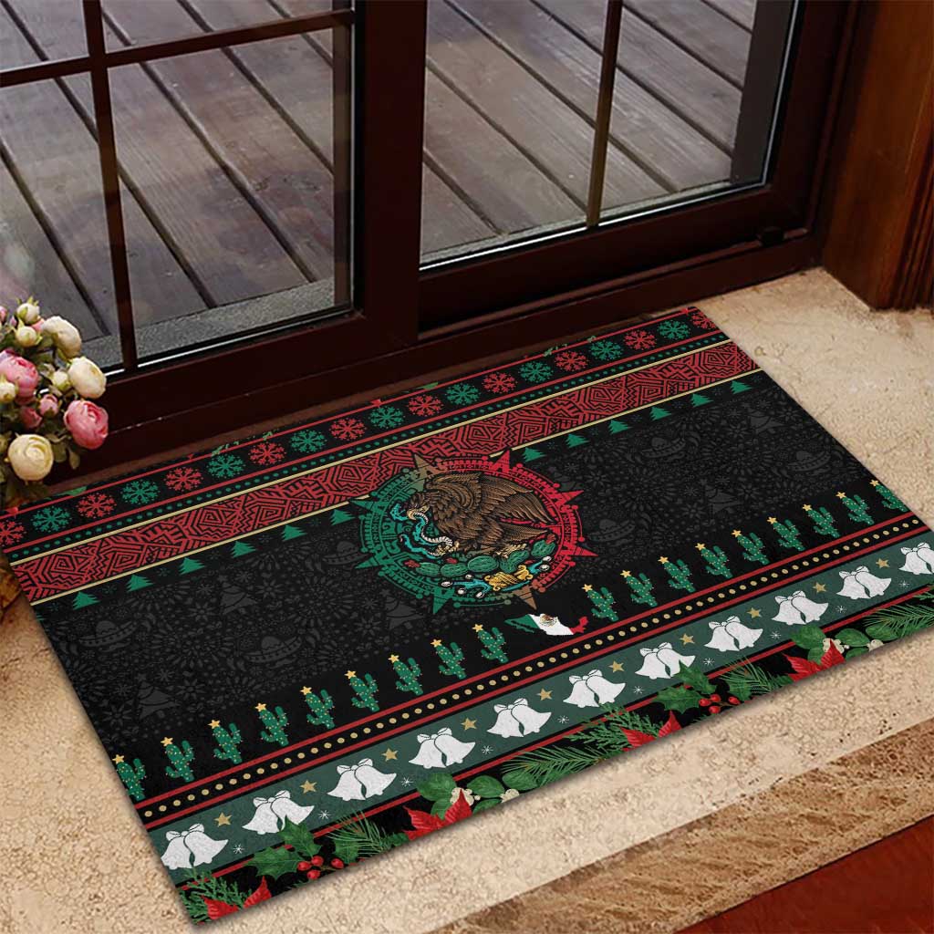 Mexican Christmas Rubber Doormat Feliz Navidad Aztec Eagle Emblem and Poinsettia - Wonder Print Shop