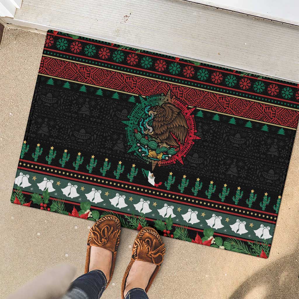 Mexican Christmas Rubber Doormat Feliz Navidad Aztec Eagle Emblem and Poinsettia - Wonder Print Shop