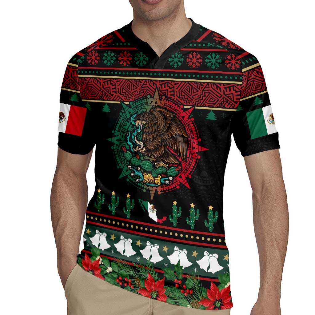 Mexican Christmas Rugby Jersey Feliz Navidad Aztec Eagle Emblem and Poinsettia - Wonder Print Shop
