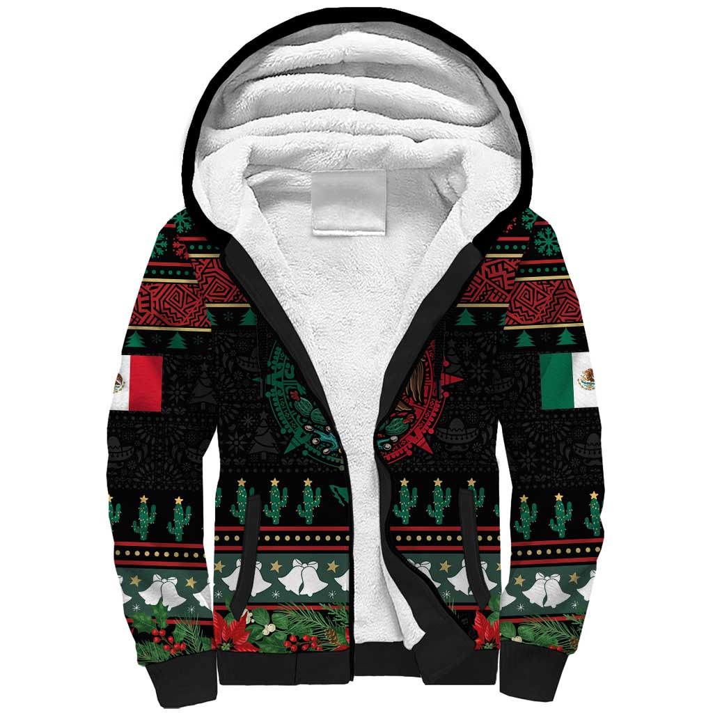 Mexican Christmas Sherpa Hoodie Feliz Navidad Aztec Eagle Emblem and Poinsettia - Wonder Print Shop