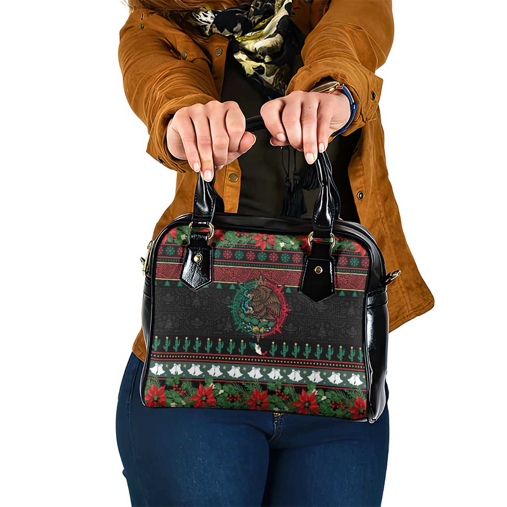 Mexican Christmas Shoulder Handbag Feliz Navidad Aztec Eagle Emblem and Poinsettia