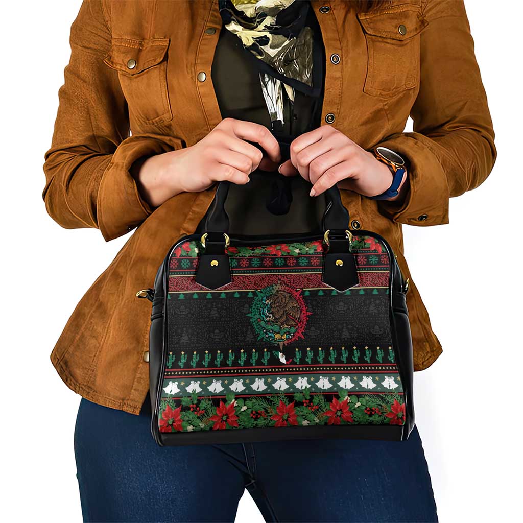 Mexican Christmas Shoulder Handbag Feliz Navidad Aztec Eagle Emblem and Poinsettia