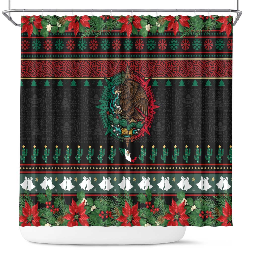 Mexican Christmas Shower Curtain Feliz Navidad Aztec Eagle Emblem and Poinsettia