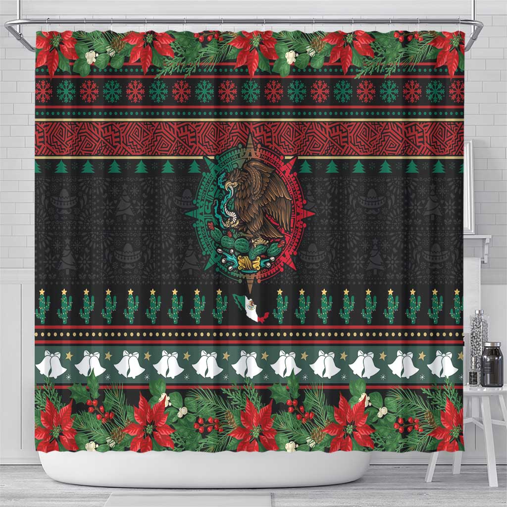 Mexican Christmas Shower Curtain Feliz Navidad Aztec Eagle Emblem and Poinsettia