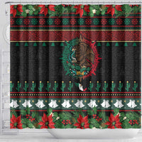 Mexican Christmas Shower Curtain Feliz Navidad Aztec Eagle Emblem and Poinsettia