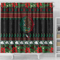 Mexican Christmas Shower Curtain Feliz Navidad Aztec Eagle Emblem and Poinsettia