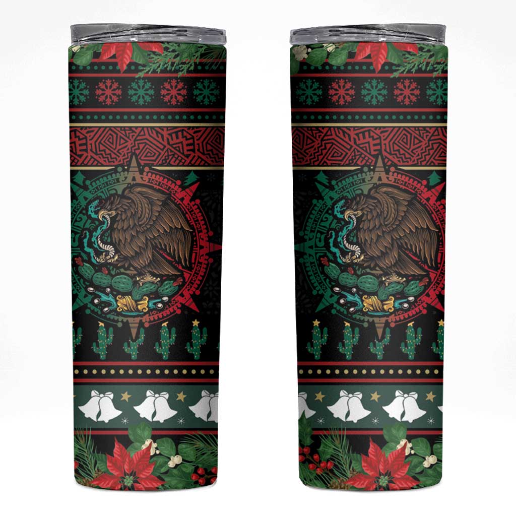Mexican Christmas Skinny Tumbler Feliz Navidad Aztec Eagle Emblem and Poinsettia - Wonder Print Shop