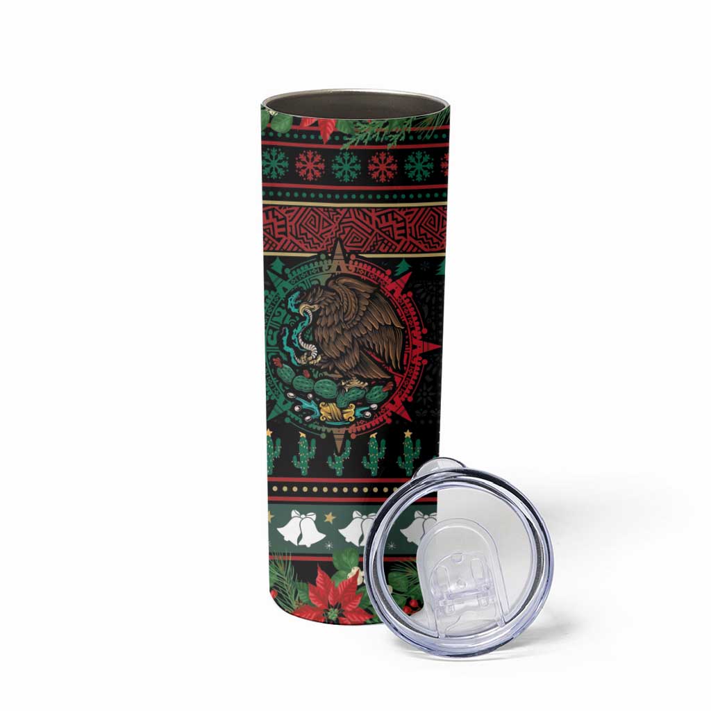 Mexican Christmas Skinny Tumbler Feliz Navidad Aztec Eagle Emblem and Poinsettia - Wonder Print Shop