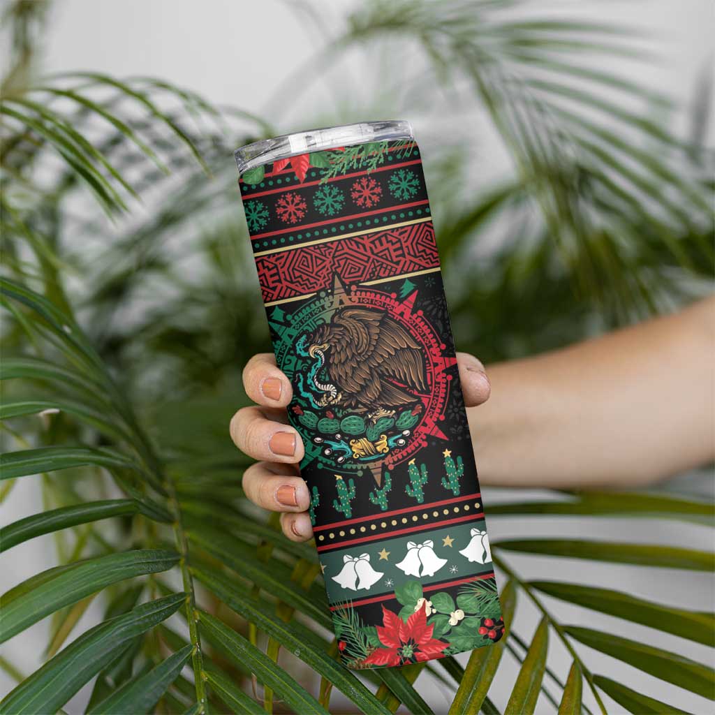 Mexican Christmas Skinny Tumbler Feliz Navidad Aztec Eagle Emblem and Poinsettia - Wonder Print Shop