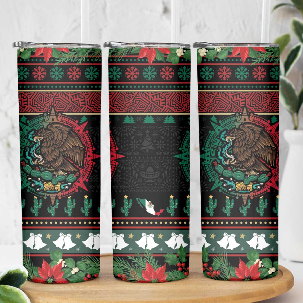 Mexican Christmas Skinny Tumbler Feliz Navidad Aztec Eagle Emblem and Poinsettia - Wonder Print Shop