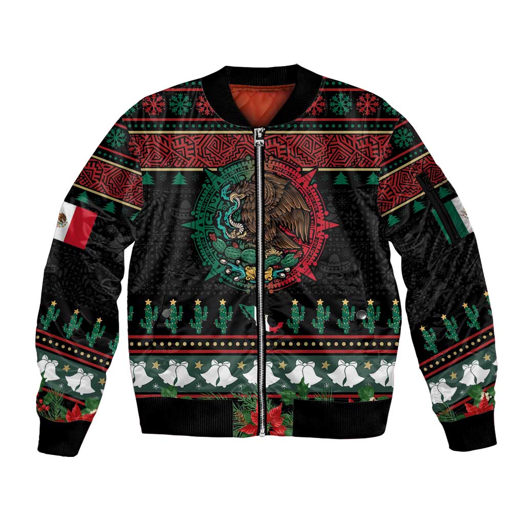 Mexican Christmas Sleeve Zip Bomber Jacket Feliz Navidad Aztec Eagle Emblem and Poinsettia - Wonder Print Shop